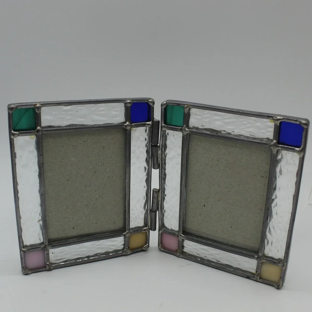 Handcrafted Stained Glass Double Picture Frame Small Multicolor Good Hinged